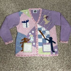 Storybook Knit Purple and Pink Tropical Cardigan Sweater Size Medium